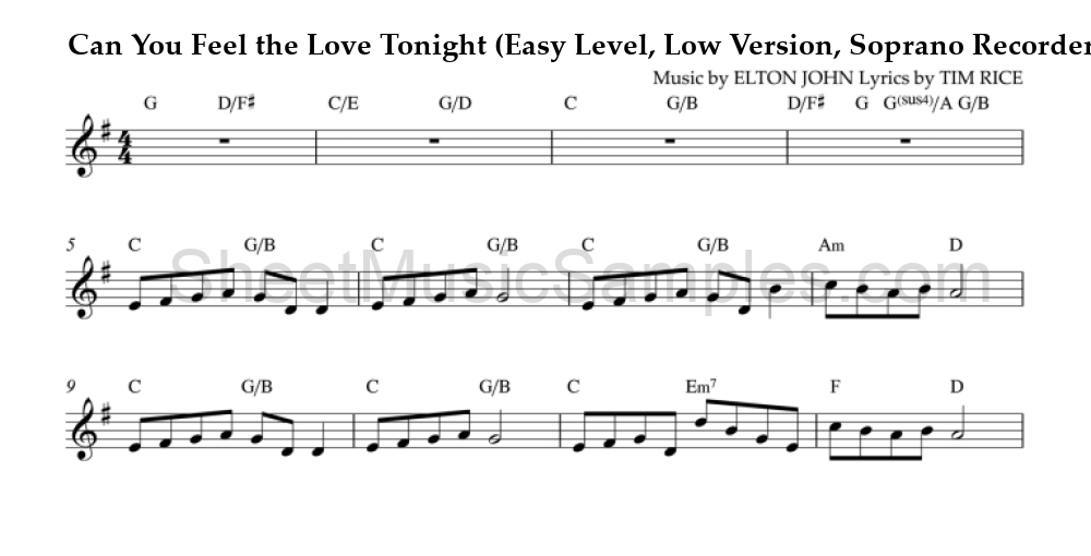 Can You Feel the Love Tonight (Easy Level, Low Version, Soprano Recorder)