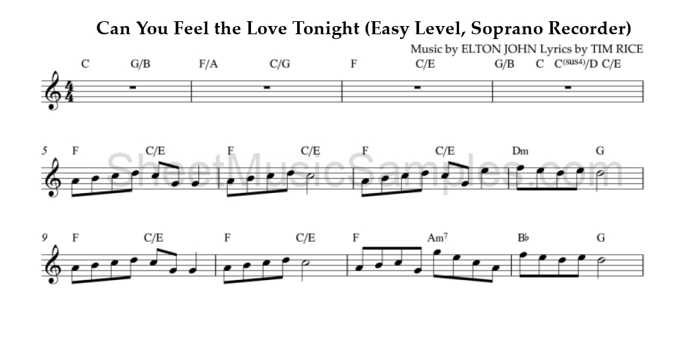 Can You Feel the Love Tonight (Easy Level, Soprano Recorder)