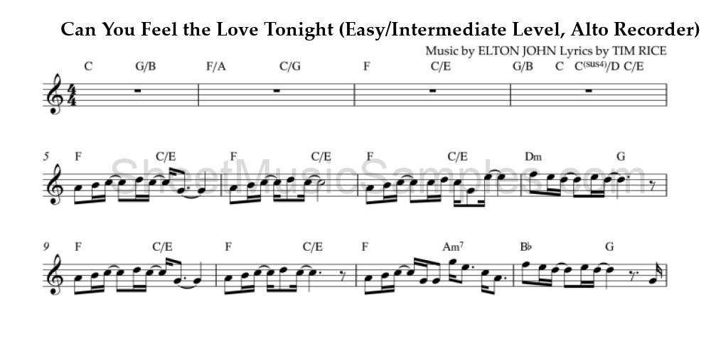 Can You Feel the Love Tonight (Easy/Intermediate Level, Alto Recorder)