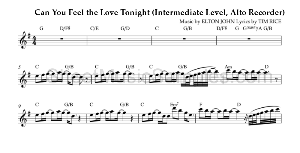 Can You Feel the Love Tonight (Intermediate Level, Alto Recorder)