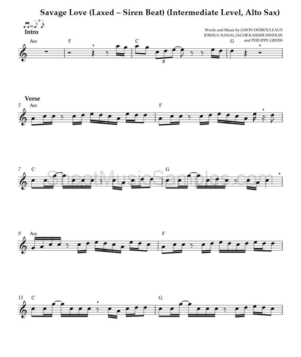 Savage Love (Laxed – Siren Beat) (Intermediate Level, Alto Sax)